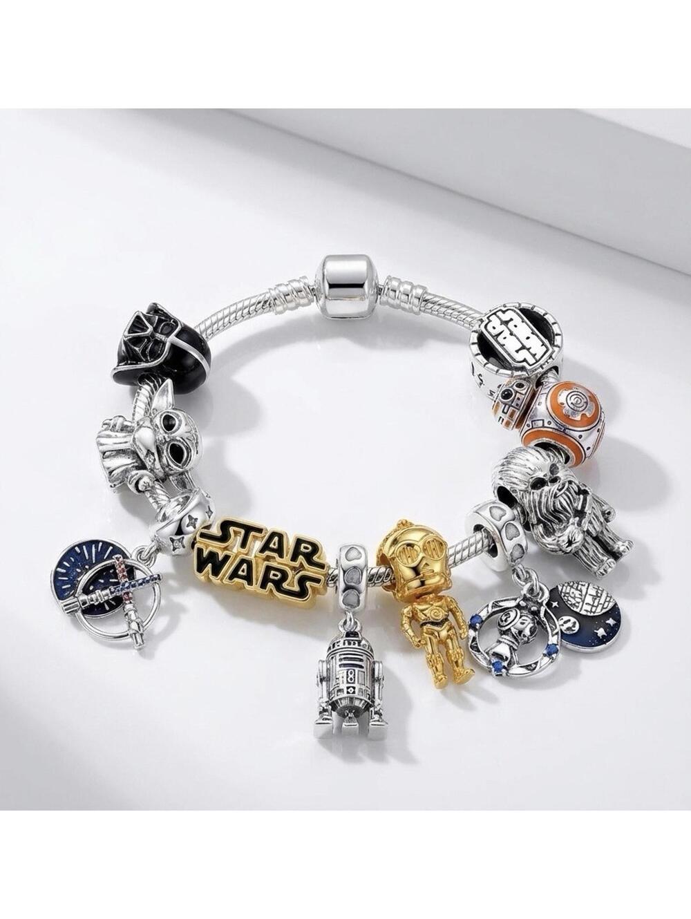 Star Wars Charm Silver Toned Bracelet With 10 Charms - Grogu Darth Vader R2D2